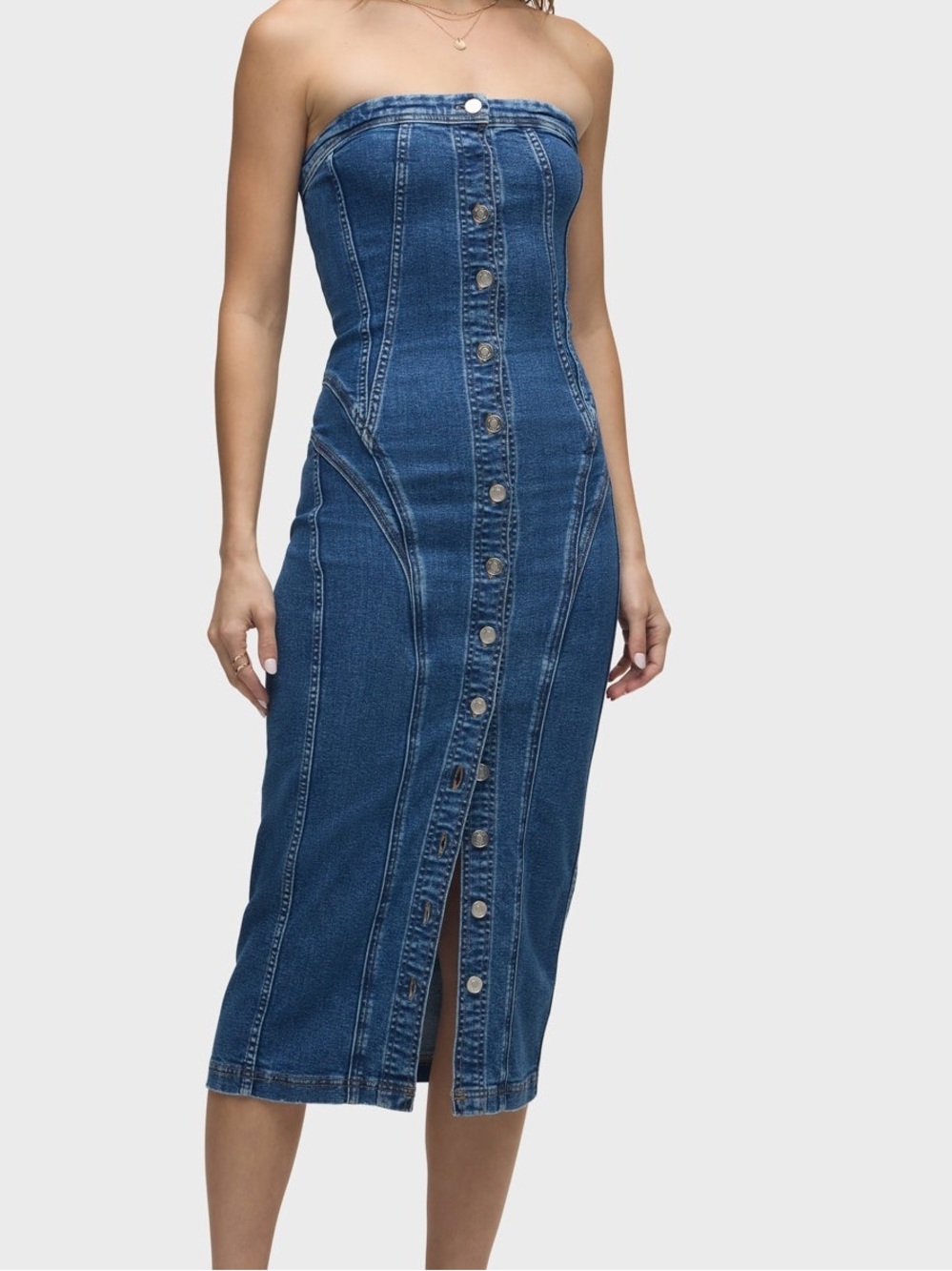 Hudson Strapless Button-Front Denim Dress in Medium Blue NWT